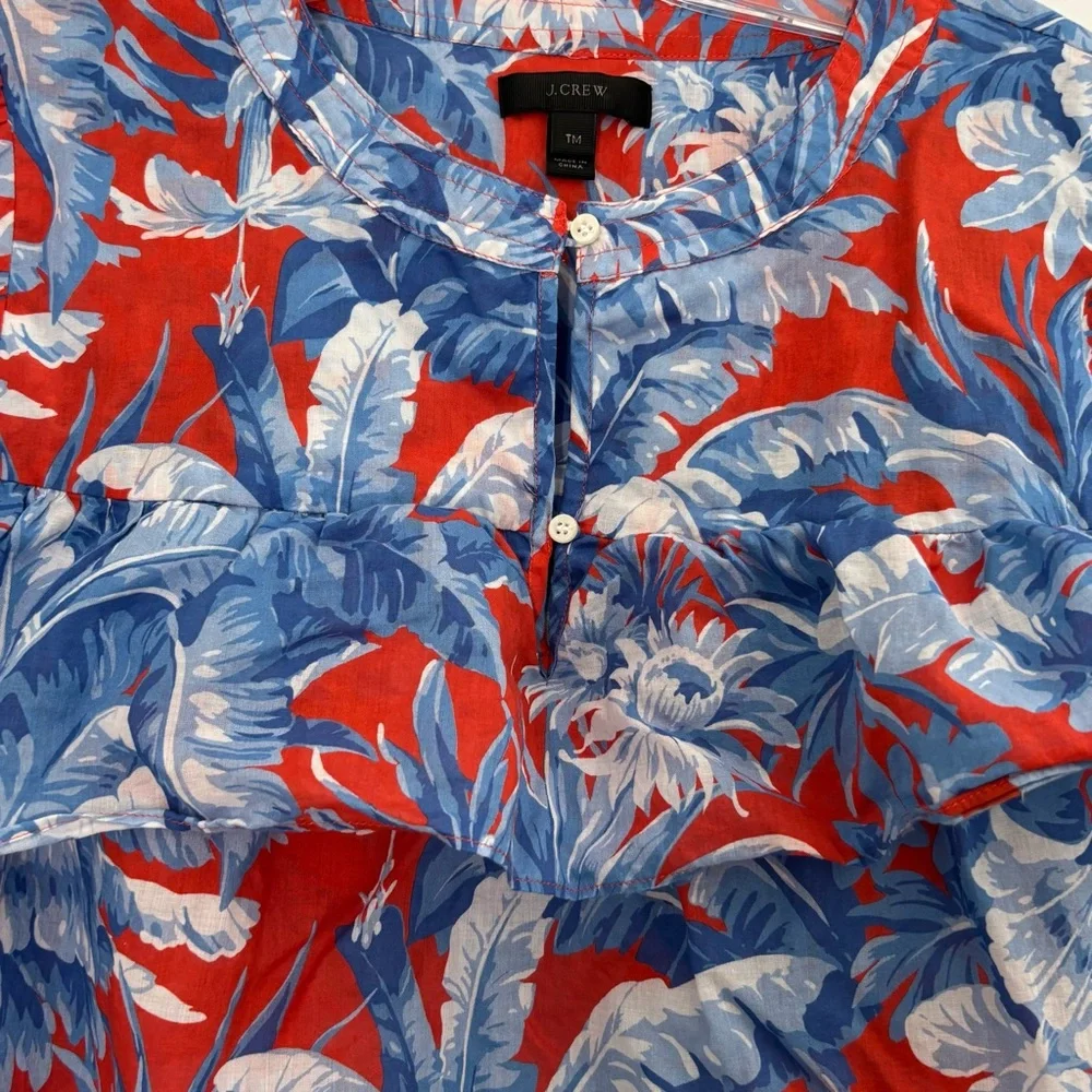 J. Crew Red and Blue Flowers Pullover Ruffle Boho Blouse Long Sleeves